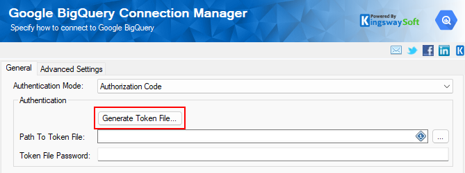 Google BigQuery Connection Manager interface showing authentication settings.